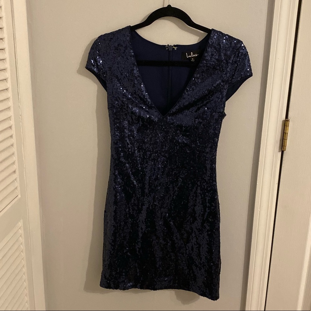 Navy blue sequin body con dress
